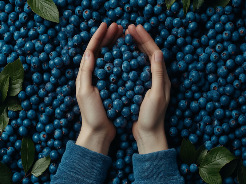 Mirtilos frescos com pruína natural — ação antioxidante da fruta